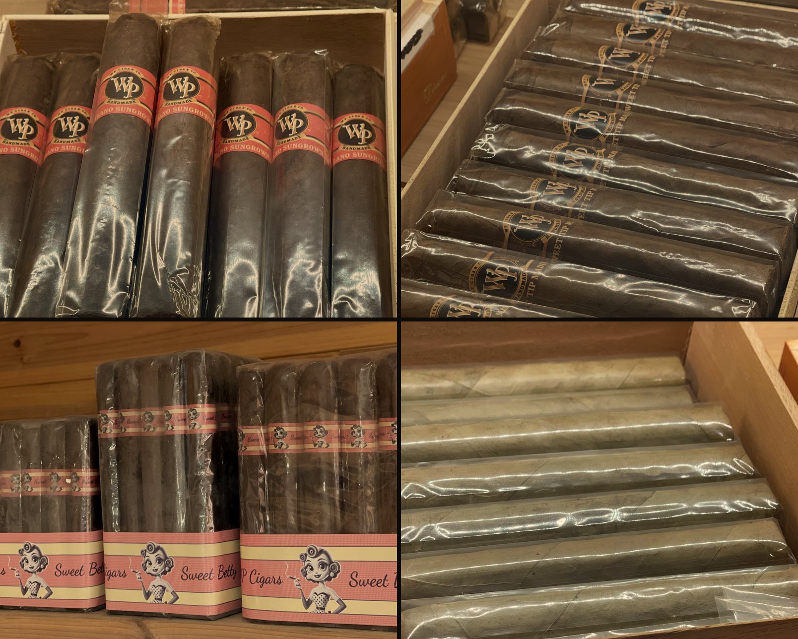 WP Cigars in our humidor: Habano Sun Grown, Sweet Tip Maduro, Sweet Betty and Candela